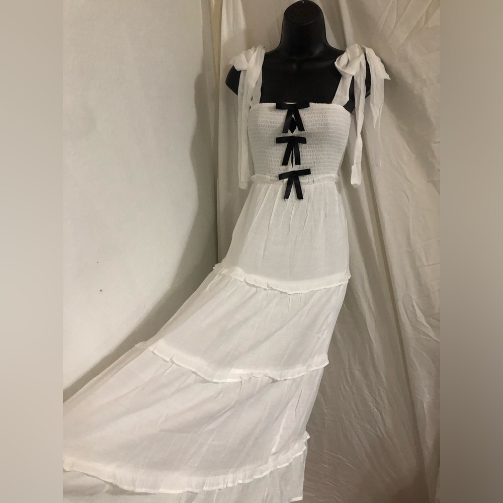 White black bows smocked cottagecore shoulder tie maxi dress size small new